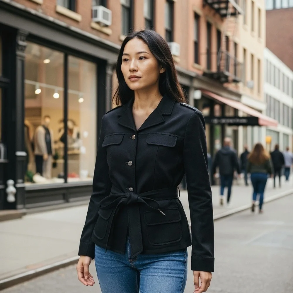 MICHAEL KORS 8 M Black Brushed Cotton Belted Blazer Jacket R $195